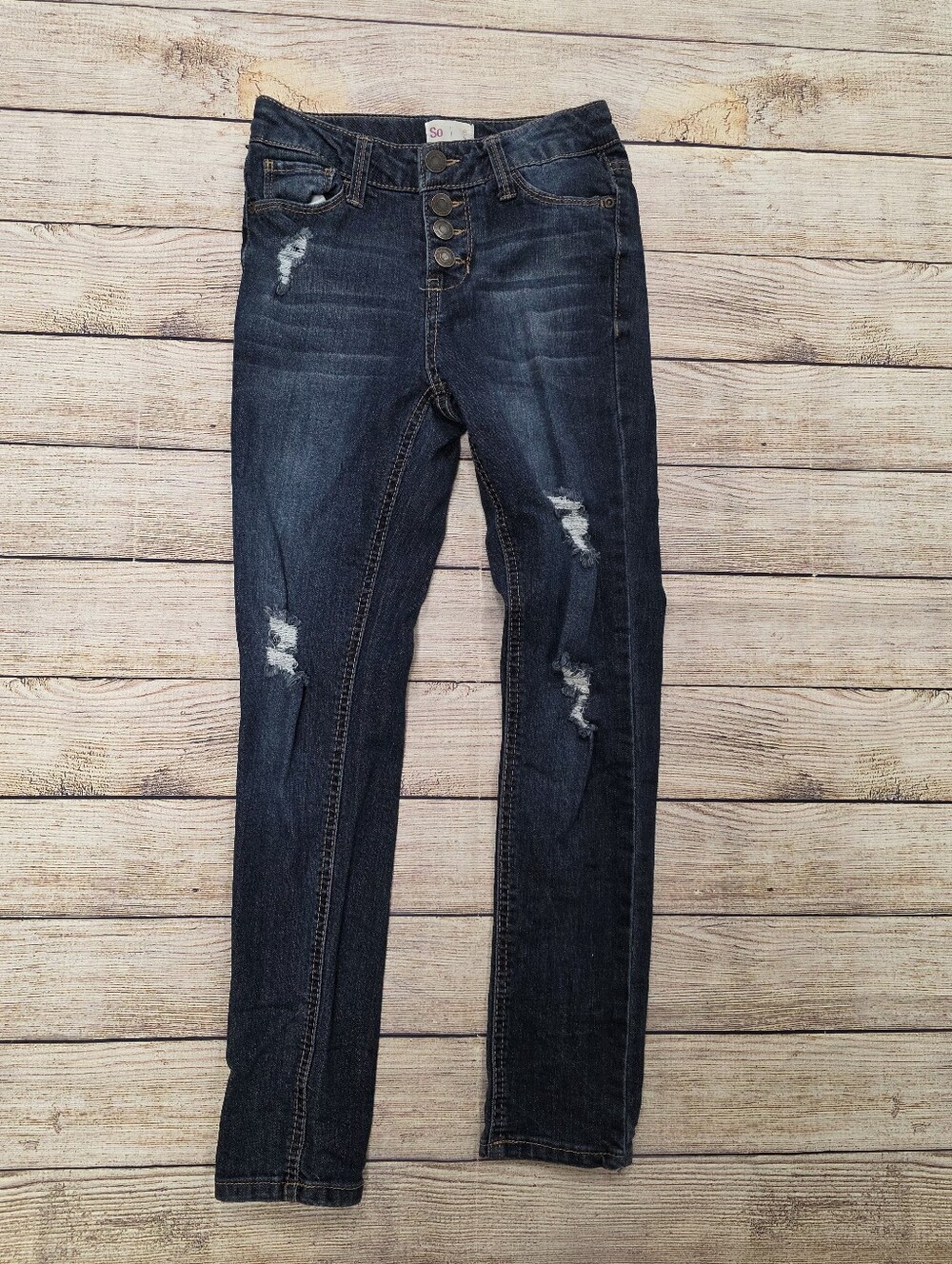 SO Dark Wash Distressed Button-Fly Jeans Size‎ 8